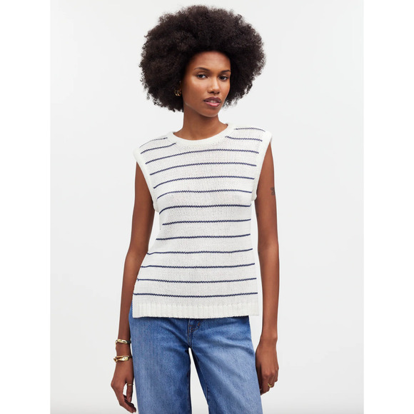 Madewell Puff Trim Sweater Vest Striped Ivory Cotton Linen Preppy XXS NWT - Picture 1 of 14